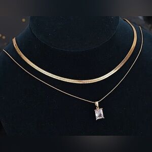 Stainless steel Gold tone 2 layered flat snake bone necklace with zircon pendant